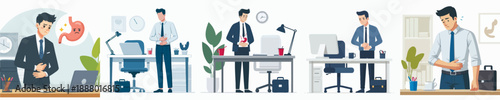 Flat Illustration Businessman Suffering from Stomach Aches and Office Scenery