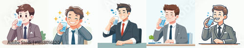 Cartoon Style Illustration of Businessman Drinking Water Refreshment Concept