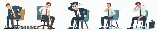 Flat Illustration Set of Uncomfortable Businessman Sitting on Office Chair with Pain