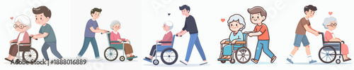 Cheerful Cartoon Style Illustration Showing Young Man Assisting Senior Woman Wheelchair