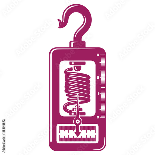 Illustrated purple weight scale with hook and coiled spring isolated on white background