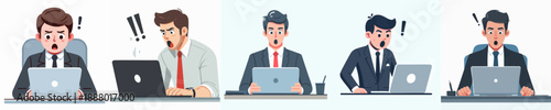 Flat Cartoon Illustration Collection of Businessman Surprised Using Laptop Computer