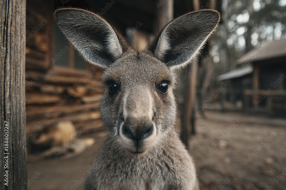 Fototapeta premium Front facing kangaroo with large ears and soft fur in calm posture at rustic outdoor setting with wooden structures and blurred background creating peaceful mood
