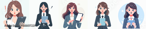 Attractive Cartoon Style Businesswoman Character Illustration with Different Expressions and Tablets