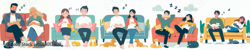 Charming Flat Illustration Couple Resting with Adorable Cat on Sofa