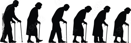Elderly people silhouettes walking with canes showing aging process senior citizens mobility support isolated white background illustration sequence