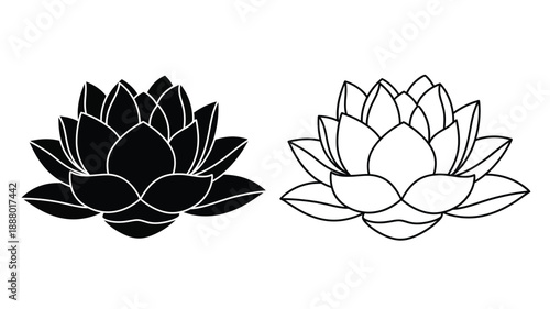 Two lotus flowers one filled and one outlined in black and white silhouette