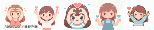 Cute Cartoon Young Woman Mini Heart Shape Gesture Character Illustration