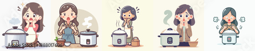 Flat Cute Woman Cartoon Character Accidently Cooking in Rice Cooker Illustration