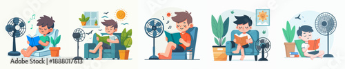 Cartoon Illustration Boy Reading Book with Fan for Cool Air Indoors