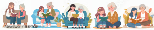 Cartoon Style Illustration of Grandmother and Granddaughter Reading Book Together