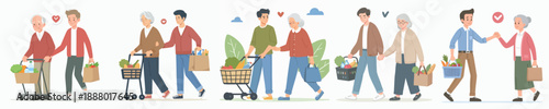 Cartoon Style Diverse Generation Walking Together After Groceries Shopping Illustration
