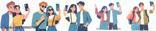 Trendy Flat Illustration of Diverse Young Couple Taking a Selfie Portrait