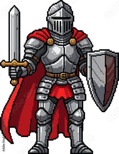 Pixel Art Knight in Shining Armor with Sword and Shield Ready for Battle