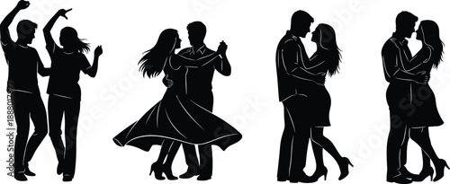 Romantic dancing couples silhouettes showing love passion ballroom dance intimacy celebration isolated white background relationship illustration set