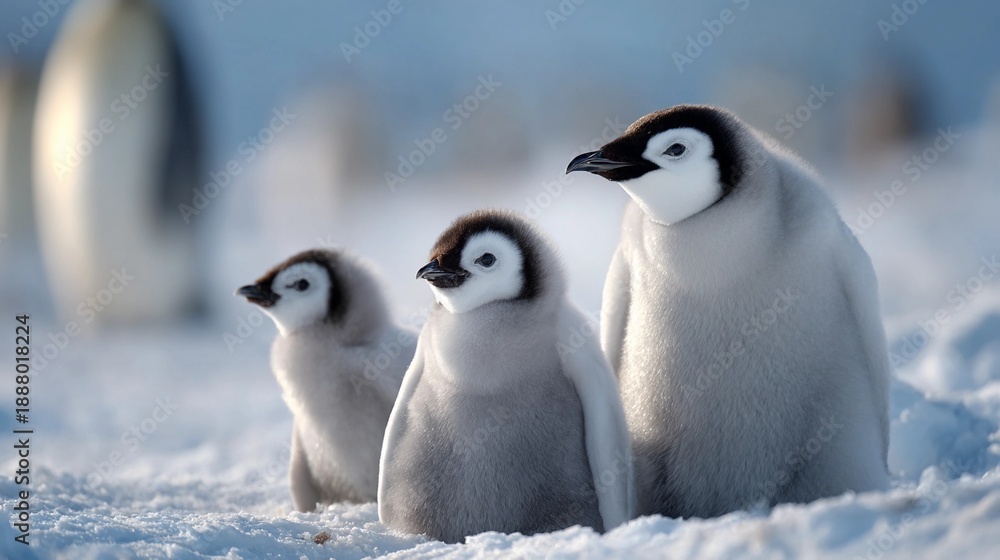 Fototapeta premium Three penguins are standing in the snow, with one of them being the smallest