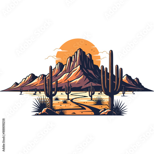 Desert Landscape with Cacti and Mountains.