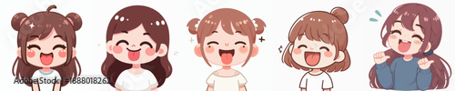Kawaii Style Full Body Cheerful Girl Character Diverse Appearance Variation Set