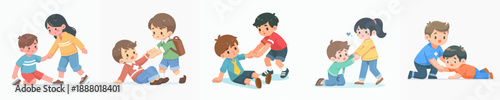 Watercolor Style Illustration of Children Helping Each Other In Various Situations