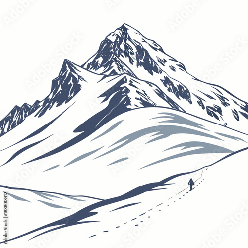 Solitary hiker ascending snowy mountain