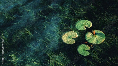 Serene pond with vibrant green lily pads and aquatic plants