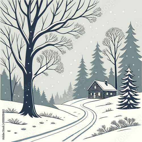 Serene winter cabin scene