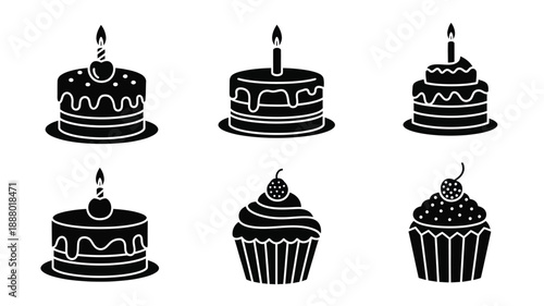 Various celebratory cakes and cupcakes displayed in a dark bold silhouette
