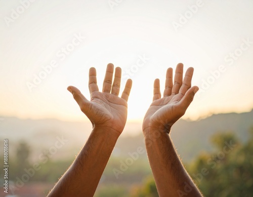 Raised Hands in Prayer Gesture on Mountain Nature Background for Somatic Healing and Mindfulness