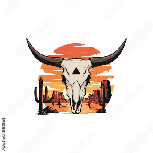 Western Style Bull Skull Illustration Design.