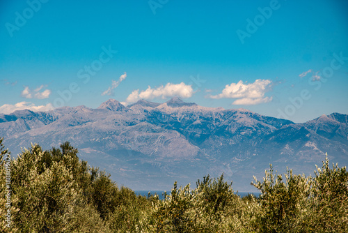 The Majestic Peaks of the Taygetos Mountain Range Viewed Above Lush Olive Groves in Messinia, Peloponnese, Greece