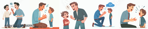 Cartoon Illustration Depicting a Father Scolding His Son in Various Scenarios