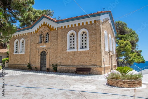 The Sanctuary of Panagia Eleistria with Traditional Stone Architecture and Tiled Courtyard in Koroni, Messinia, Greece