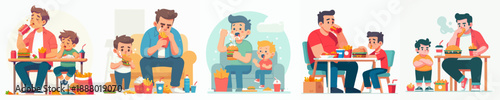 Colorful Flat Style Father Son Having Unhealthy Meal Illustration