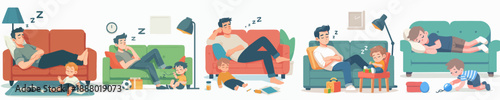 Cartoon Dad and Child Spending Quality Time Together Illustration Set