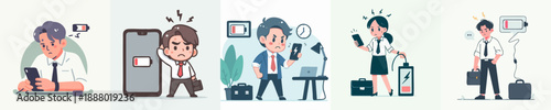 Flat Design Cartoon Businessman Worried with Low Battery Smartphone Illustration Set