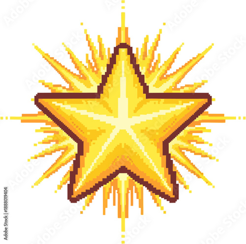 A shimmering golden starburst icon with pixel art style, radiating light and energy