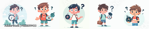 Cartoon Style Confused Boy Holding Navigation Compass and Clock Illustration