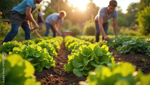 People work together in a sunny garden planting fresh vegetables. Diverse community members tend green lettuce rows, sharing labor and enjoying outdoor activity. Sunlight shines on organic farm plot.