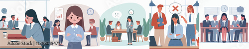Flat Illustration Depicting Stressful and Uncomfortable Workplace Interview and Office Situations