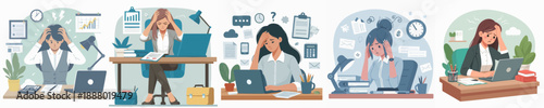 Modern Flat Illustration of Stressed Woman Working Overtime in the Office