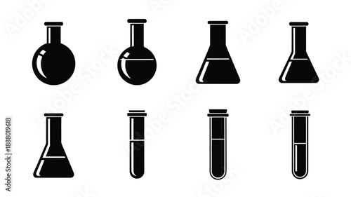 Various laboratory glassware in a black and white illustration silhouette