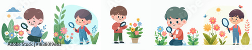 Cute Cartoon Boy Exploring Flower with Magnifying Glass Illustration Asset
