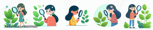 Cute Style Girl Observing Plant with Magnifying Glass Character Illustration