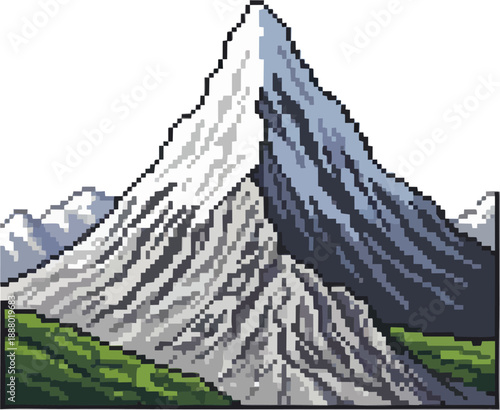 Detailed pixel art illustration capturing the majestic grandeur of a snow-capped mountain peak, set against a backdrop of rolling green hills, designed with a charming retro gaming aesthetic