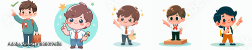 Cute Cartoon Schoolboy Character Set with Different Poses and Expressions