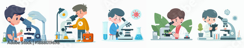 Cute Cartoon Illustration of Diverse Children Using Microscope for Science Research