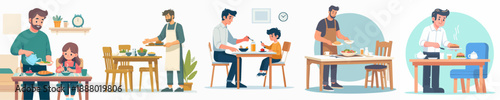 Flat Illustration Father and Child Activity Together at Dining Room Scene