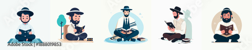 Minimalist Flat Illustration of Orthodox Jewish Man Reading Religious Book