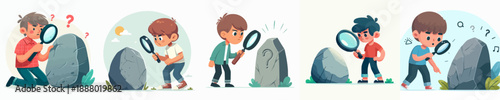 Cartoon Illustration of Curious Kid Examining Rock with Magnifying Glass