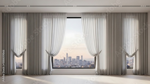 Urban sophistication framed by elegant drapes, a captivating cityscape